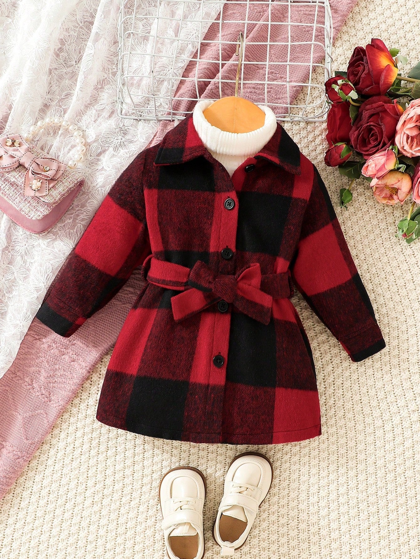 Baby Girl Plaid Print Belted Shirt Dress Without Sweater