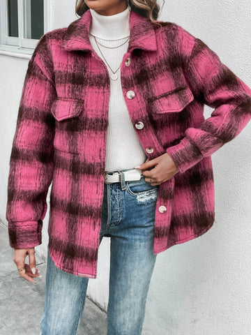 Plaid Print Drop Shoulder Flap Pocket Overcoat