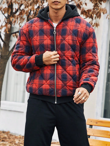 Men Plaid Print Zip Up Hooded Puffer Coat