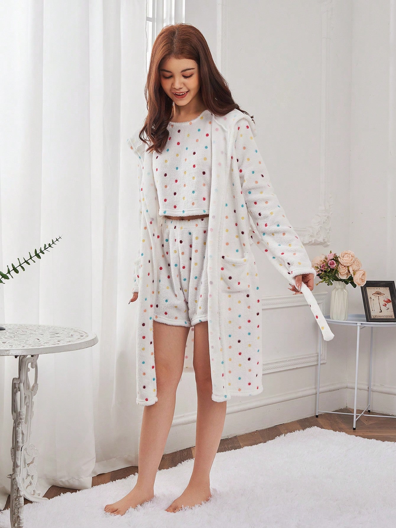 Teen Girl Polka Dot Print Belted Robe & Shorts PJ Set