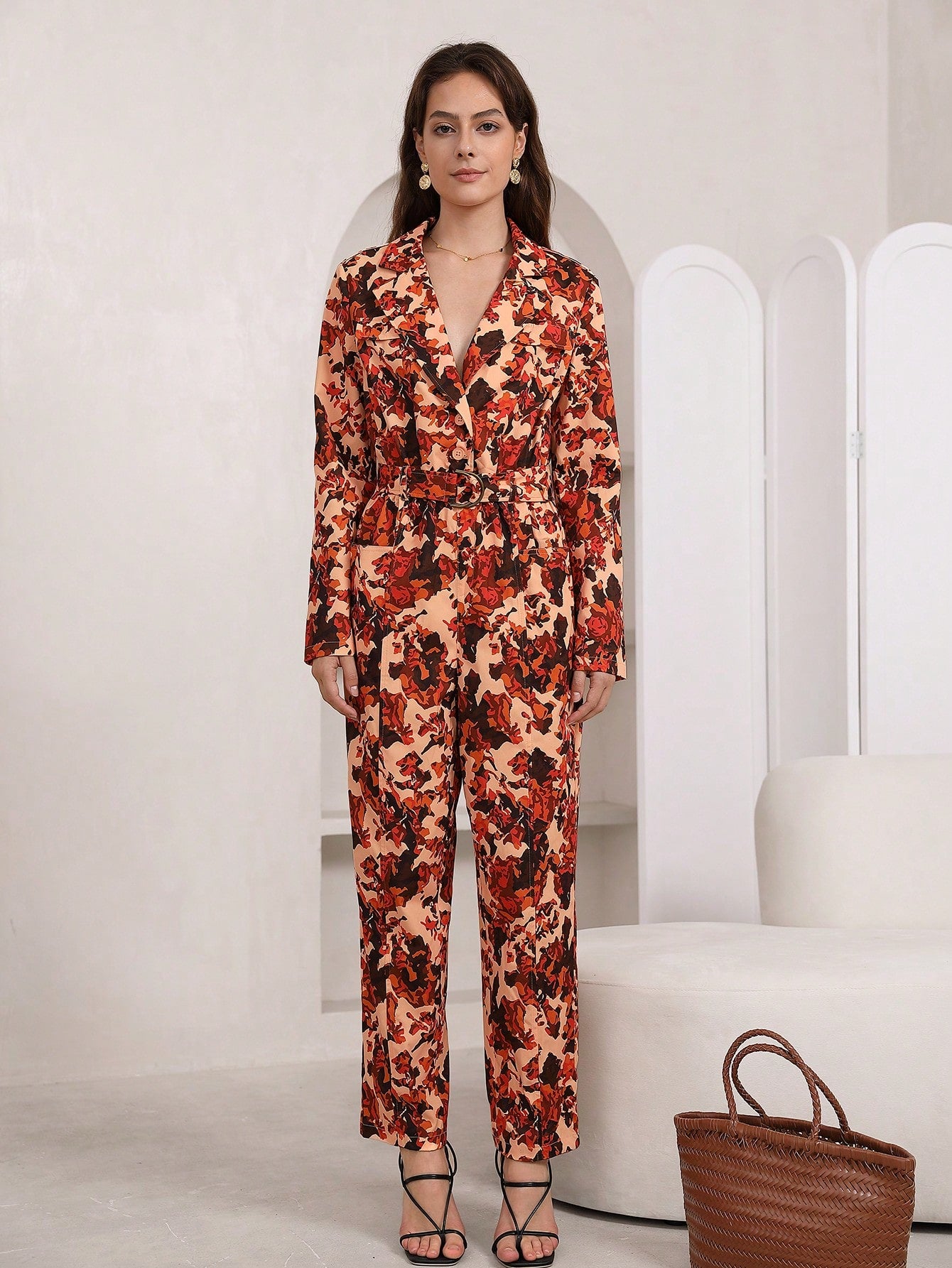 Allover Print Belted Shirt Jumpsuit