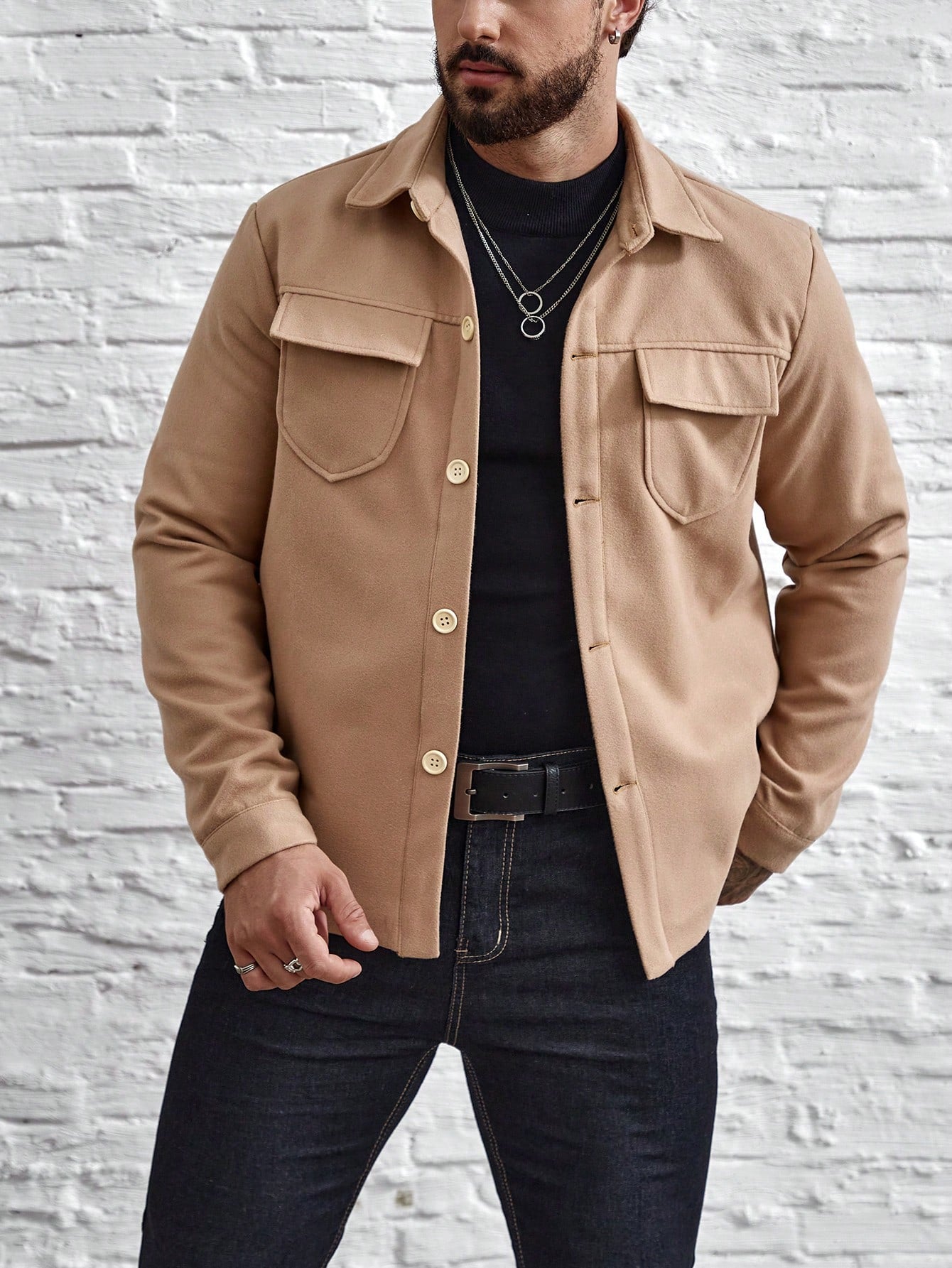 Men's Woolen Coat With Flap Pockets