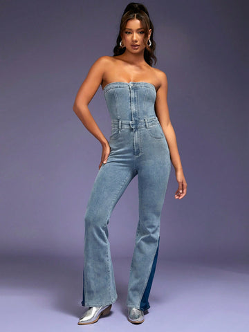 Contrast Flare Leg Tube Denim Jumpsuit