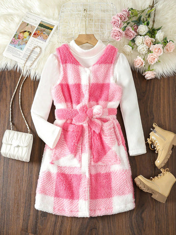 Tween Girl 1pc Plaid Print Belted Teddy Vest Coat & 1pc Tee