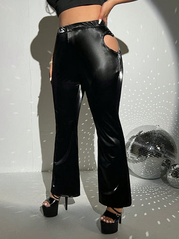 Plus Heart Cut Out Side Flare Leg PU Leather Pants