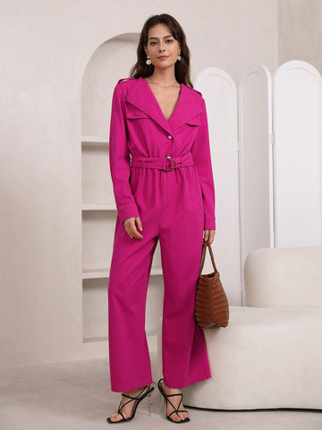 Lapel Collar Belted Flare Leg Shirt Jumpsuit