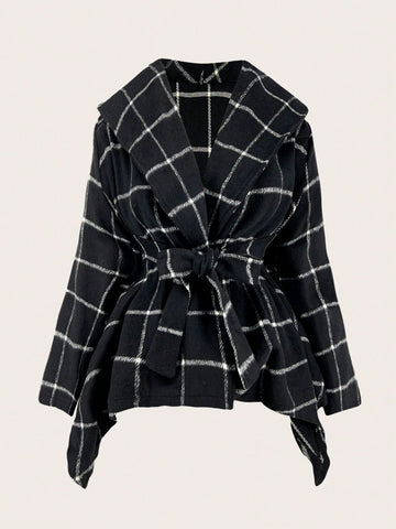 Plus Plaid Print Belted Overcoat