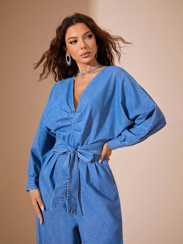 Batwing Sleeve Ruched Belted Denim Jumpsuit