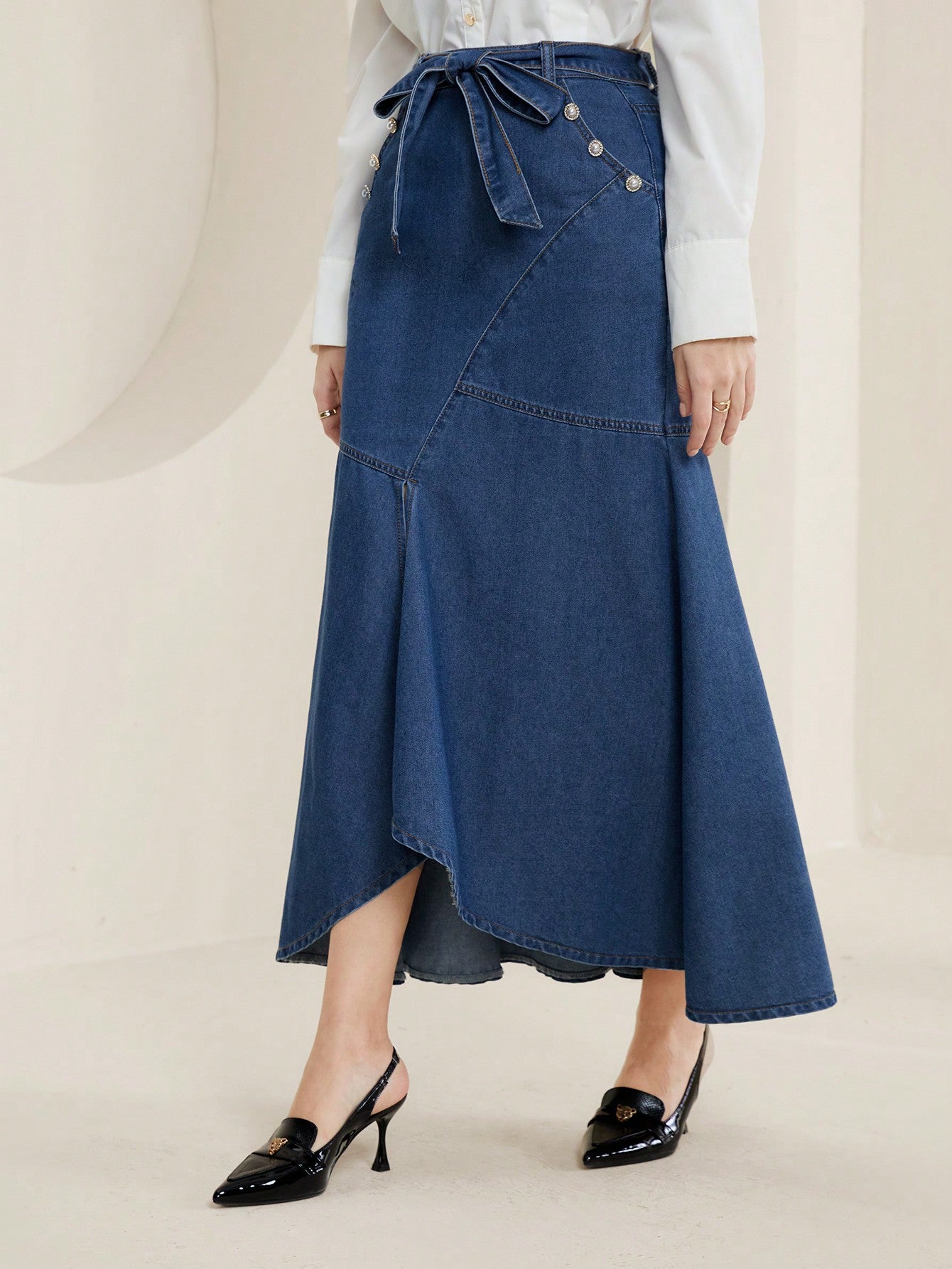 Button Detail Belted Mermaid Denim Skirt