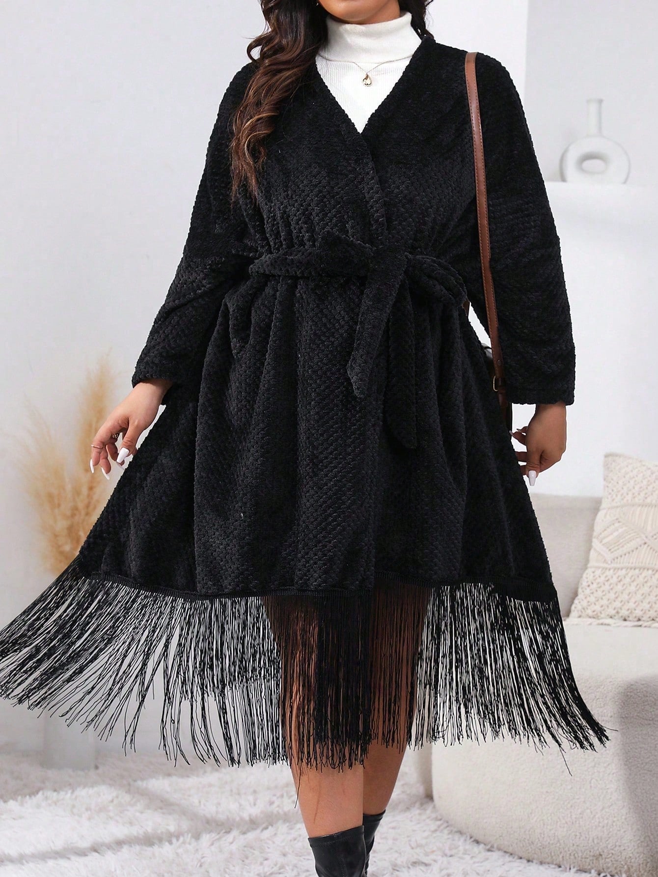 Plus Fringe Hem Belted Fuzzy Coat