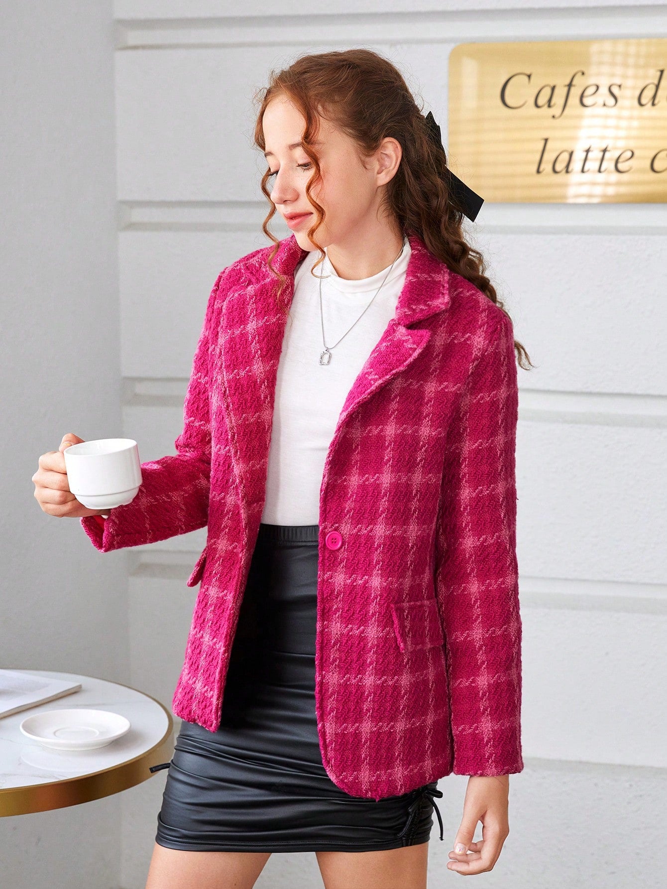 Teen Girl Plaid Print Lapel Neck Overcoat