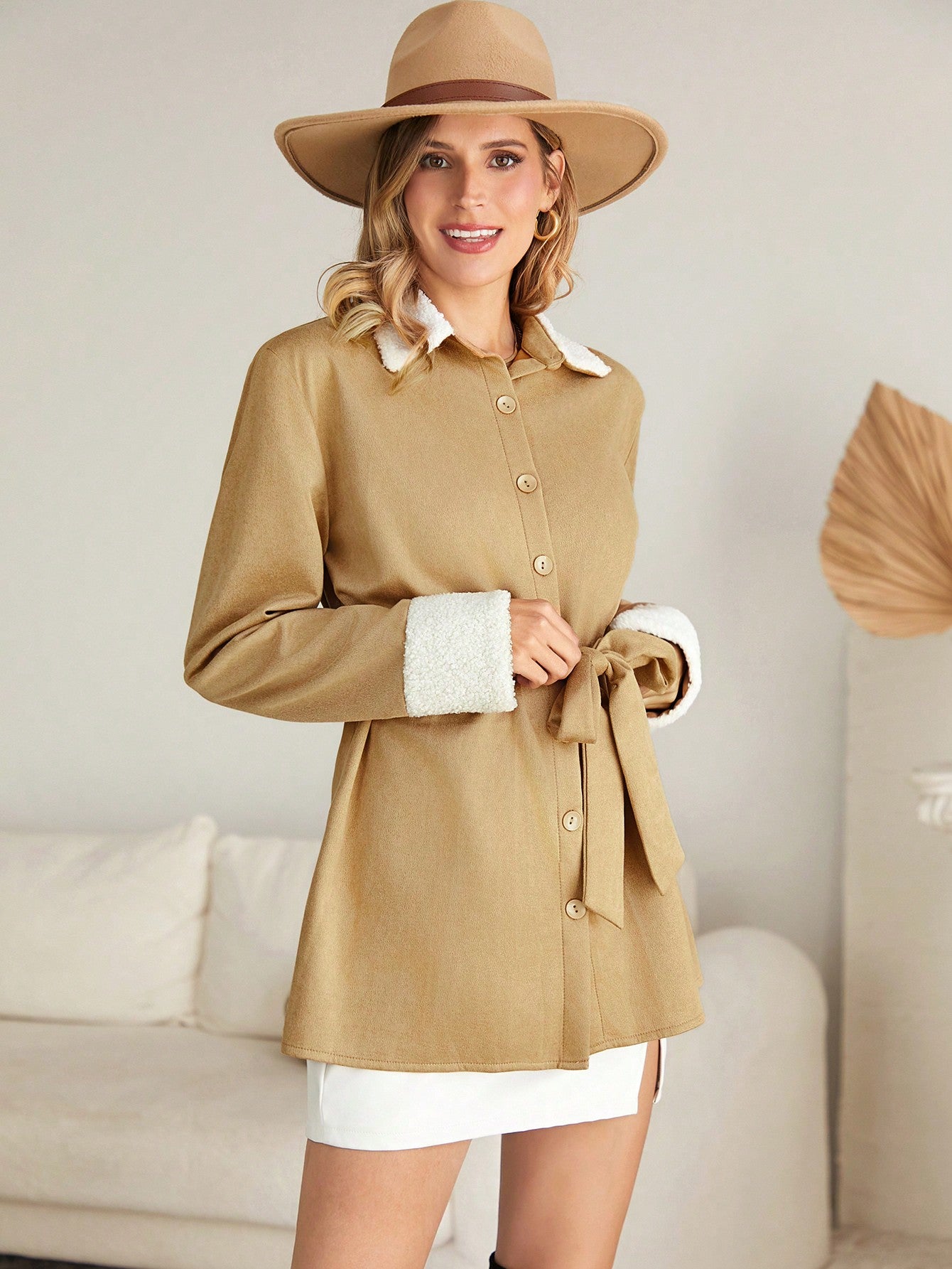 Teddy Trim Button Front Belted Coat