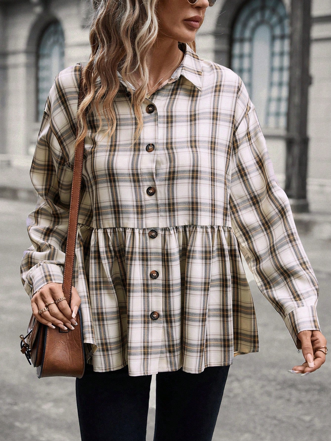 Plaid Print Drop Shoulder Peplum Shirt