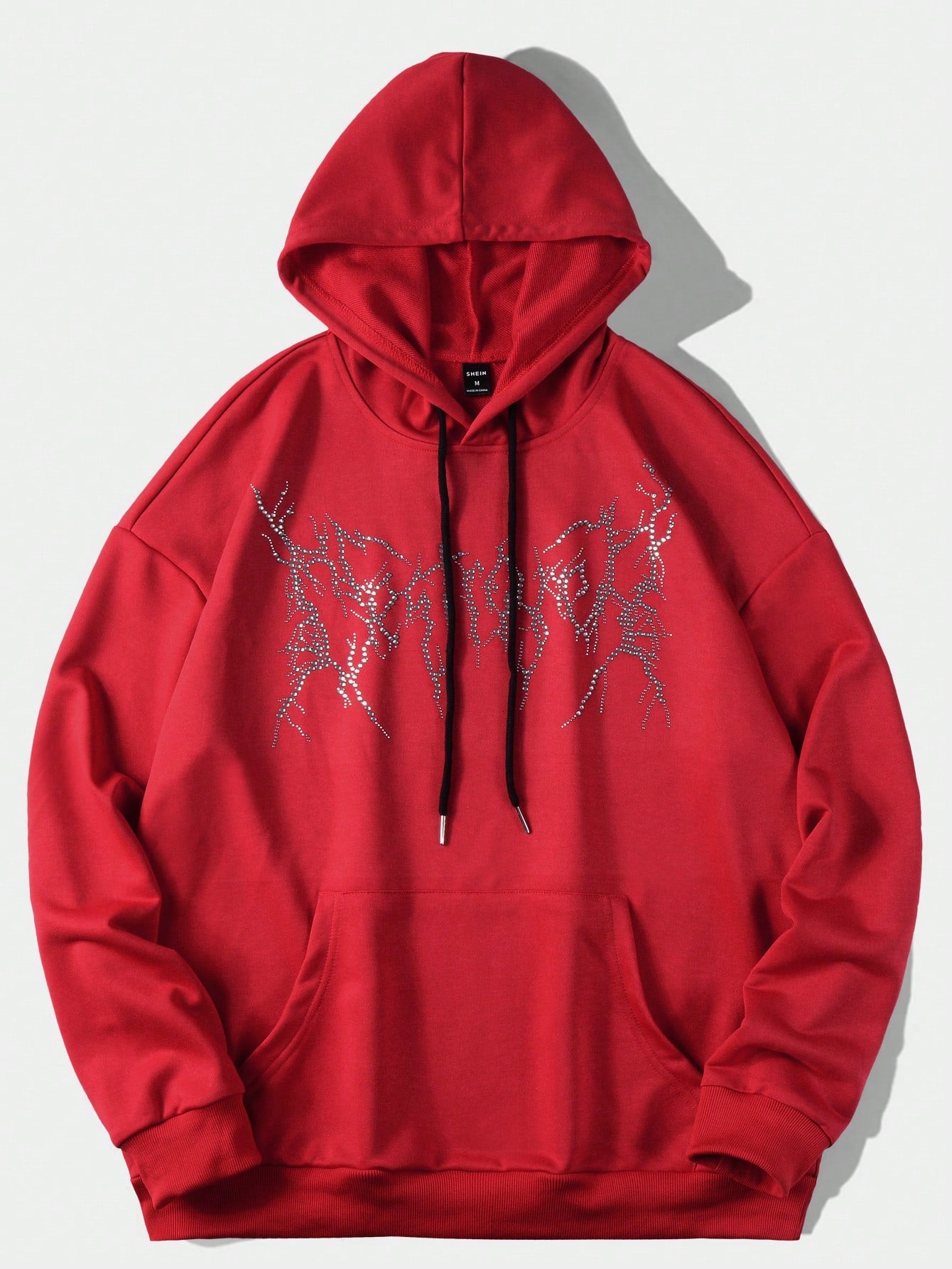 Men's Loose Fit Hoodie With Rhinestone Embellishment, Kangaroo Pocket & Drawstring