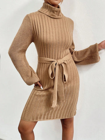 Turtleneck Lantern Sleeve Belted Sweater Dress