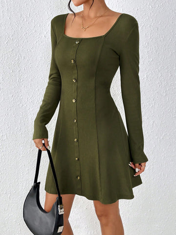 Square Neck Button Front Solid Dress