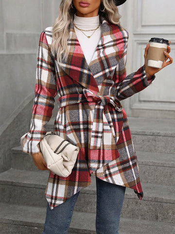 Plaid Print Asymmetrical Hem Belted Coat