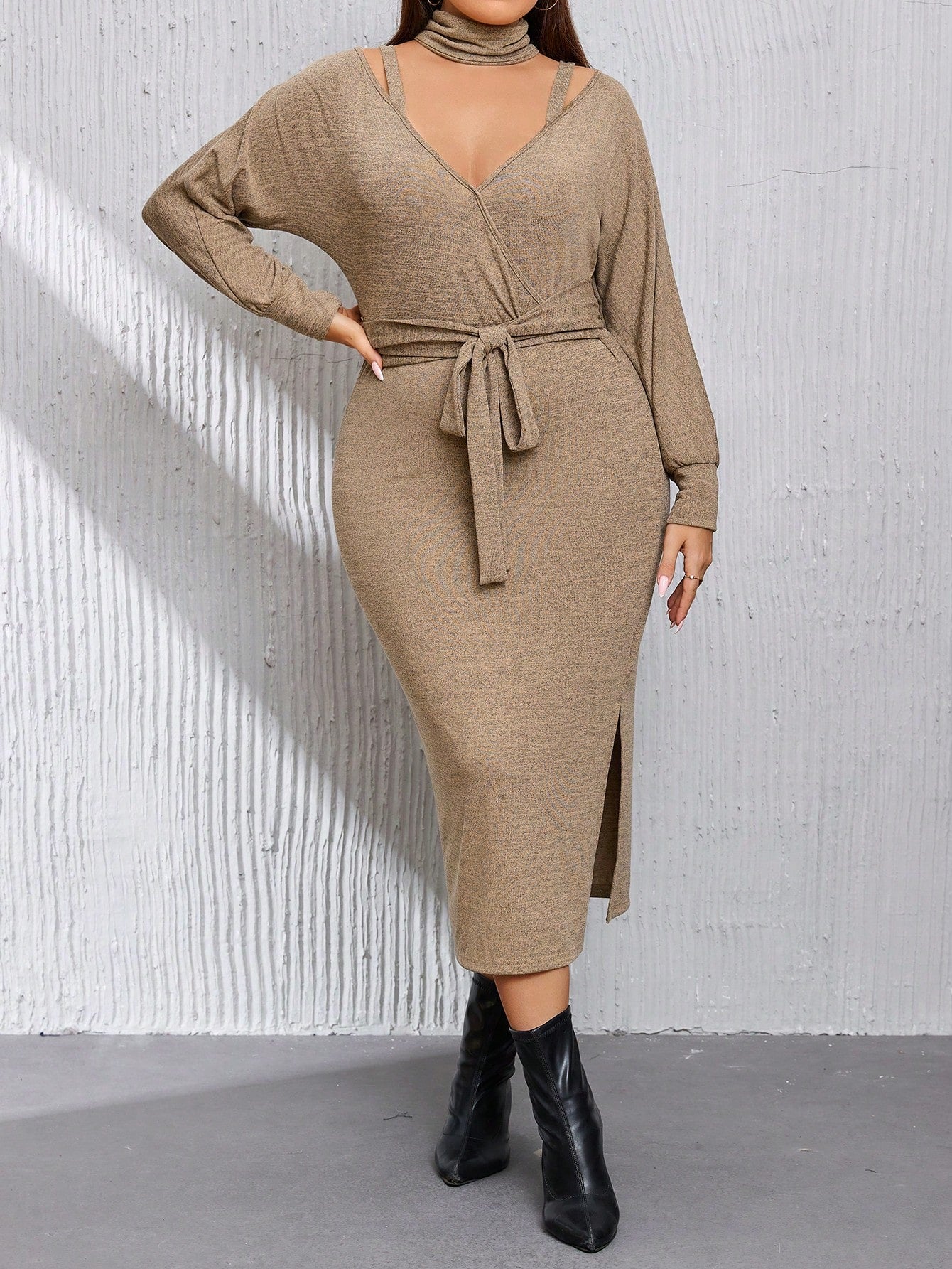 Plus Solid Cutout Shoulder Split Thigh Belted Dress