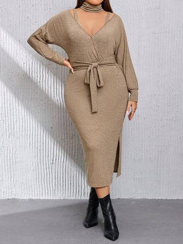 Plus Solid Cutout Shoulder Split Thigh Belted Dress