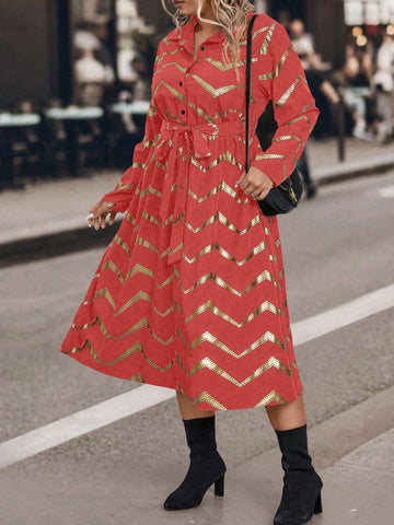 Plus Chevron Print Belted Shirt Dress