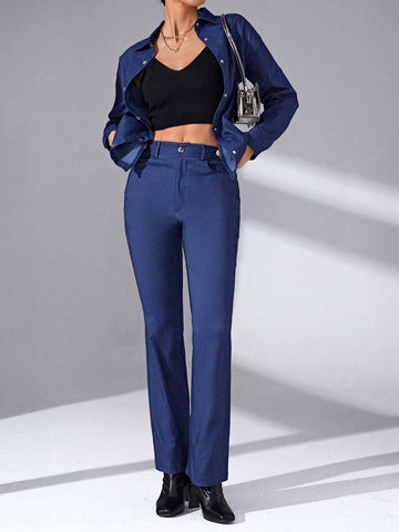 Solid Crop Shirt & Flare Leg Pants