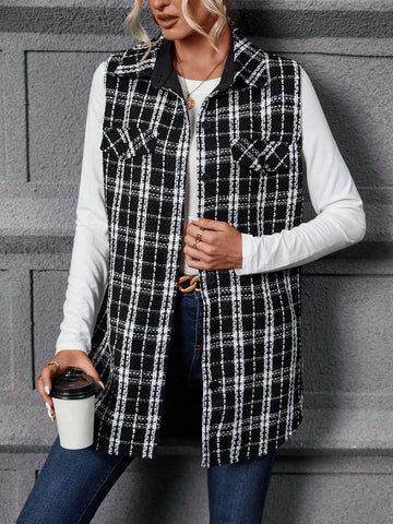 Plaid Pattern Flap Detail Tweed Vest Overcoat