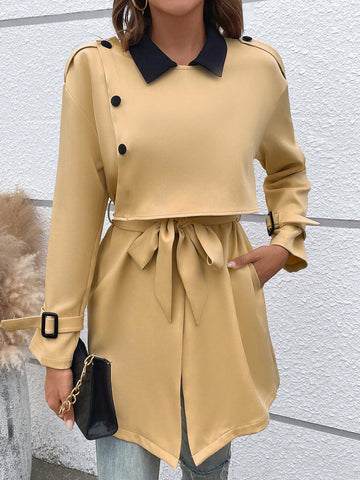 Color Block Collar Belted Coat