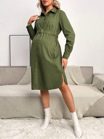 Maternity Solid Belted Shirt Dress