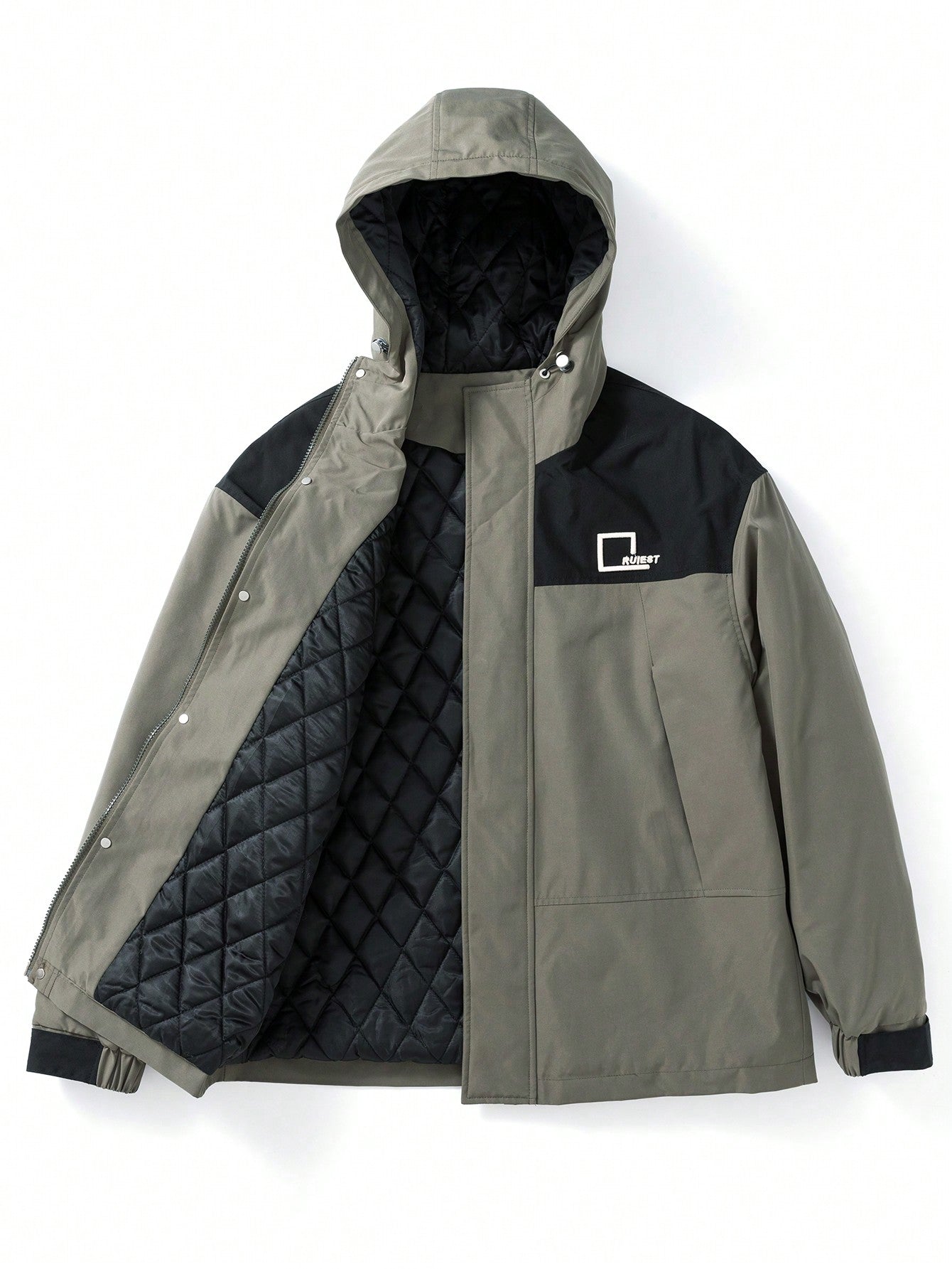 Men's Loose Fit Winter Coat With Hood, Letter Print And Colorblock Design