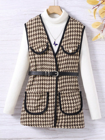 Tween Girl 1pc Houndstooth Print Contrast Binding Sleeveless Overcoat