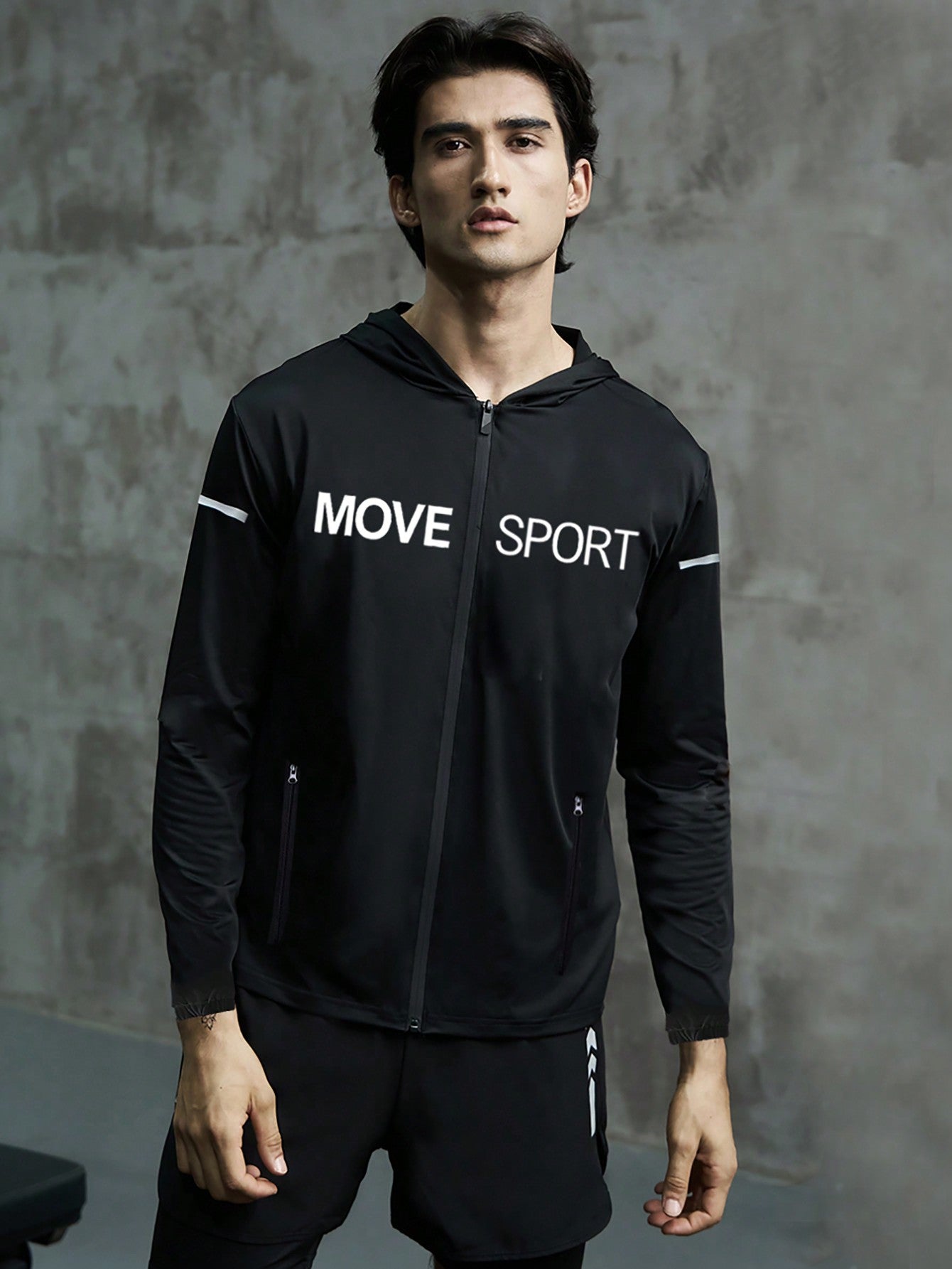 Men Letter Graphic Zip Up Hooded Sports Jacket Workout Tops