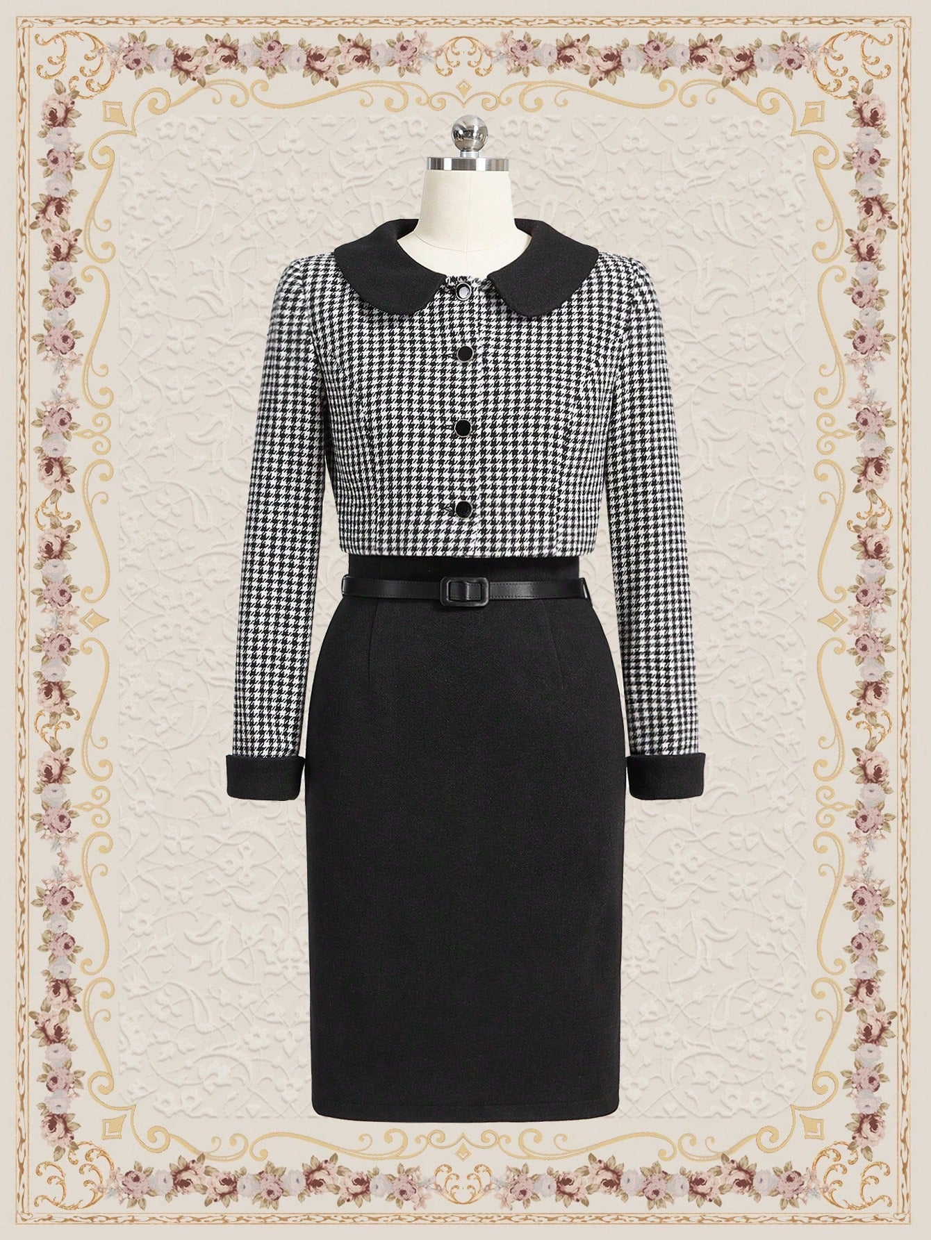 Button Up Houndstooth Blazer & Skirt Without Belt