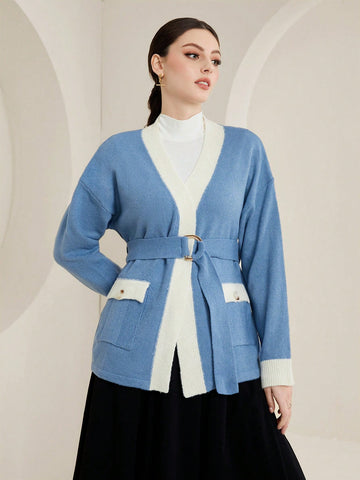 Contrast Trim Drop Shoulder Belted Cardigan