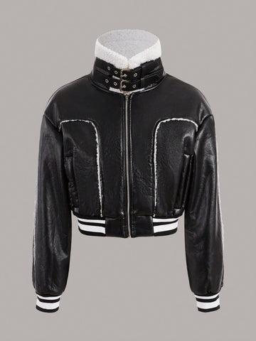 Striped Trim Drop Shoulder PU Leather Jacket