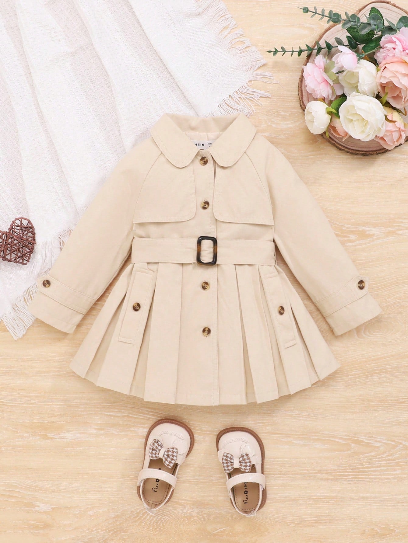 Baby Girls' Solid Color Button Down Coat With Bow Tie And Ruffle Hem