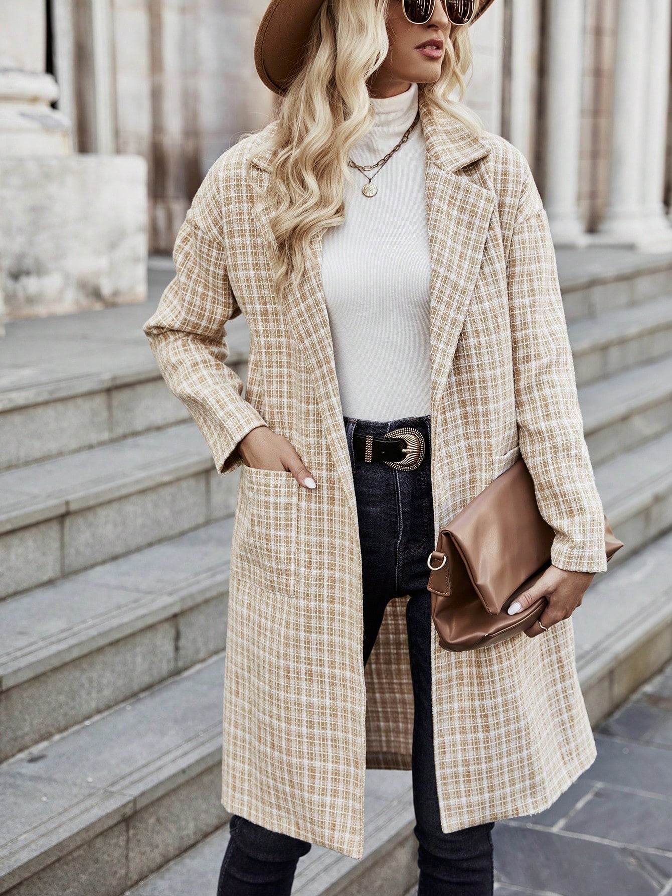 Plaid Dual Pocket Drop Shoulder Tweed Overcoat