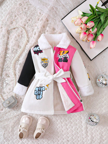 Girl Baby Cartoon Graphic Colorblock Belted Coat