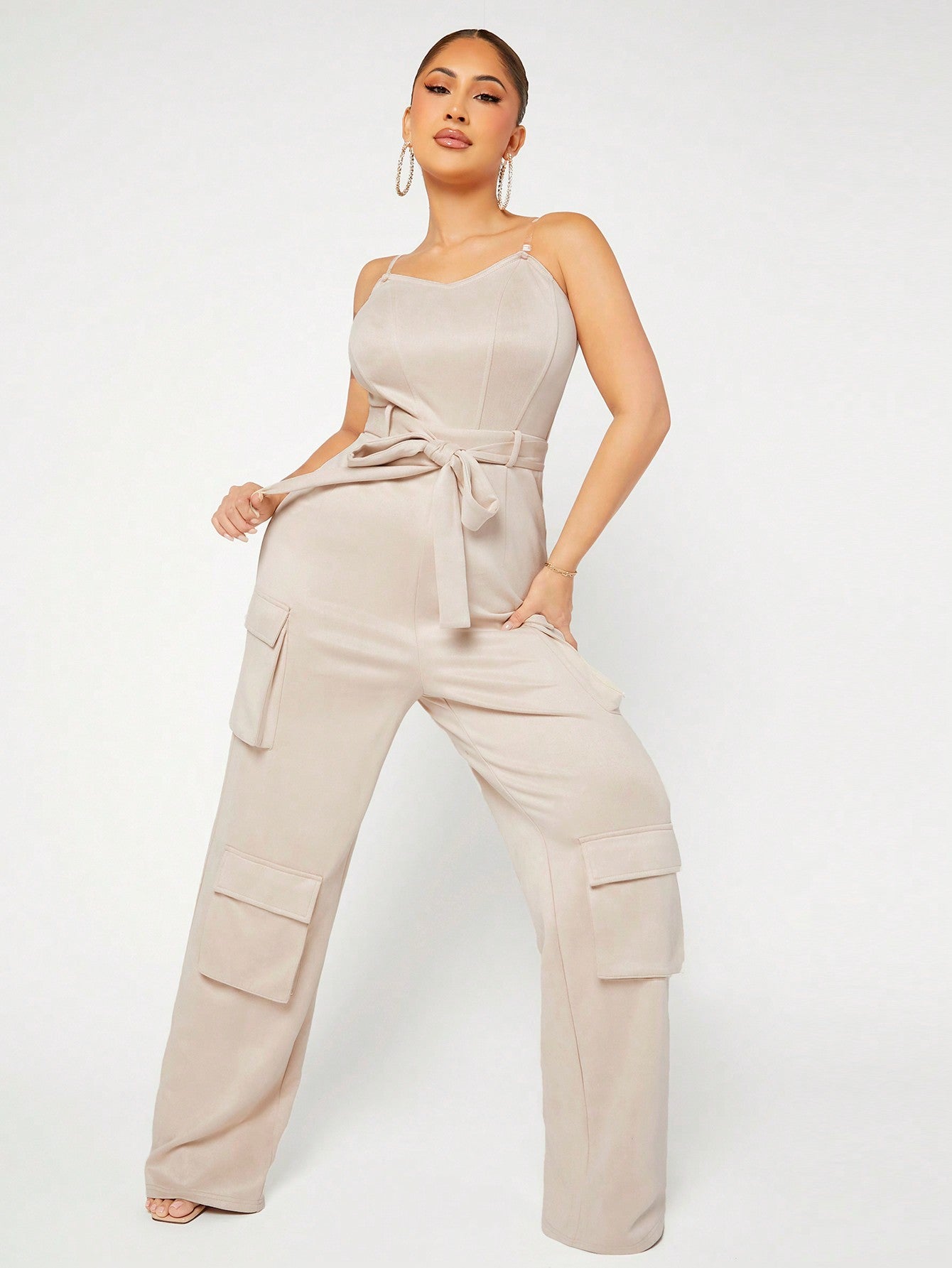 Flap Pocket Belted Cami Jumpsuit