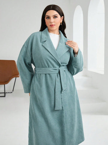 Plus Lapel Neck Drop Shoulder Belted Coat