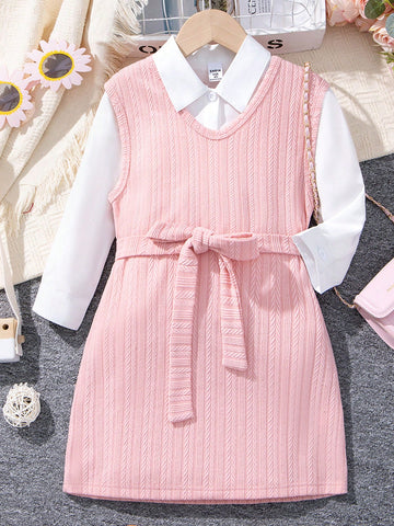 Little Girls' Solid Color Belted Dress And Shirt Set