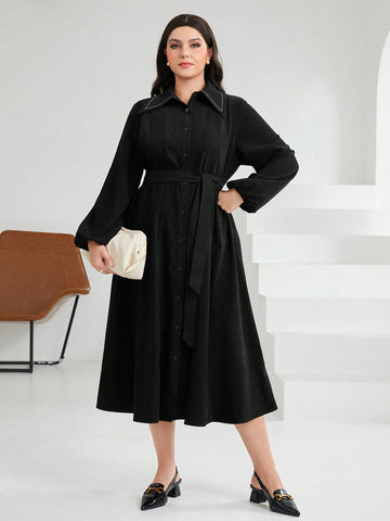 Plus Size Lantern Sleeve Belted Button Front Maxi Dress