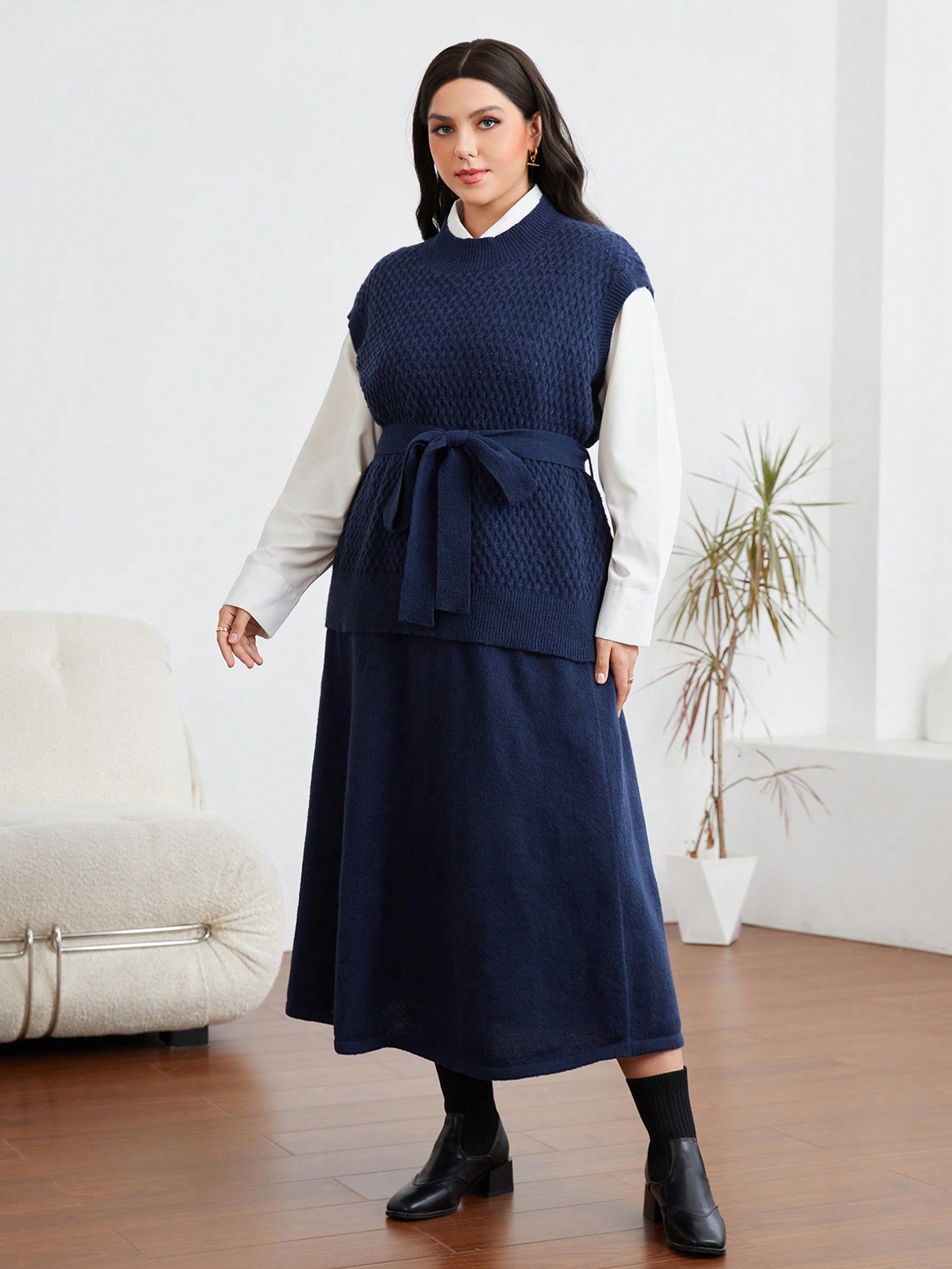 Plus Size Sweater Vest And Skirt Two Piece Set