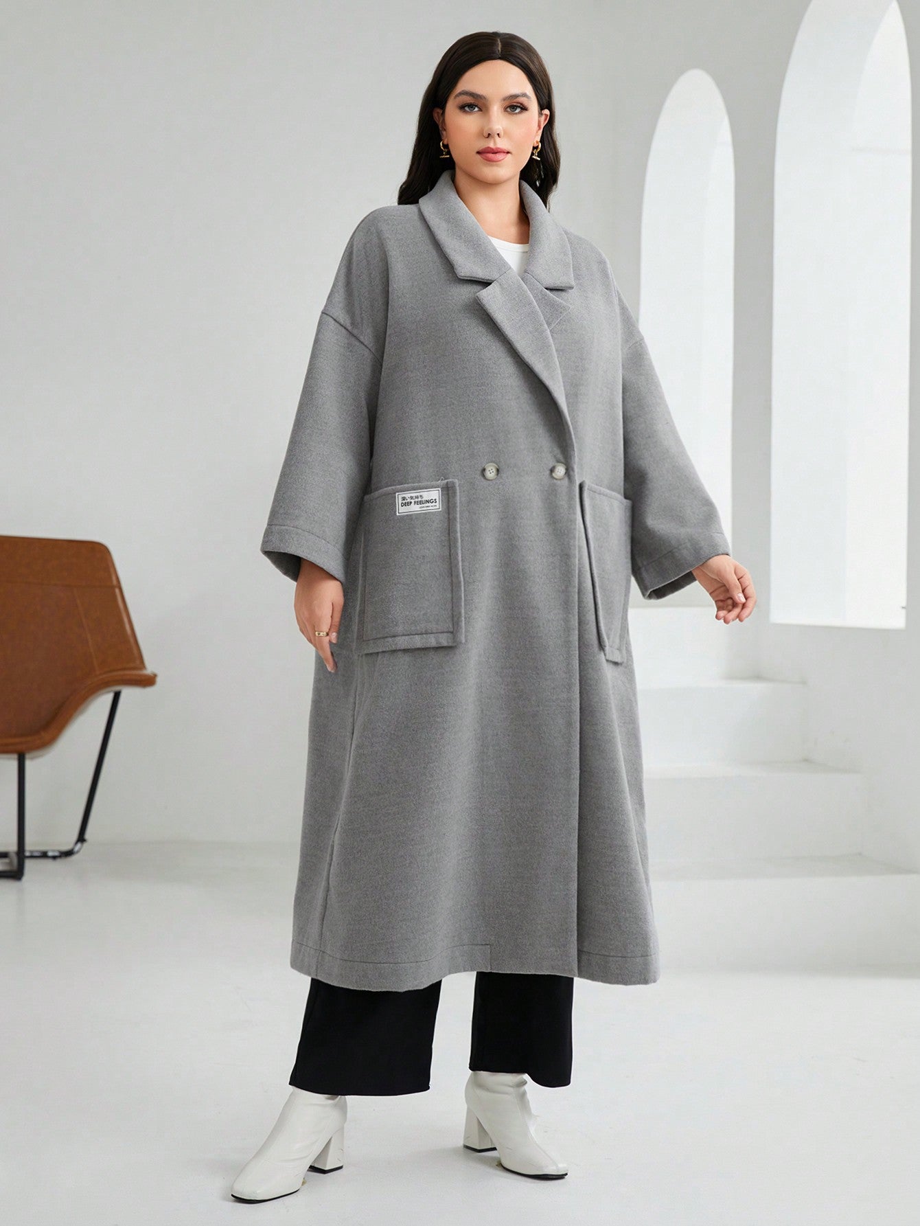 Plus Double Pocket Letter Patched Detail Drop Shoulder Overcoat