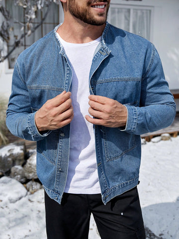 Loose Fit Men's Flap Pocket & Patched Denim Jacket