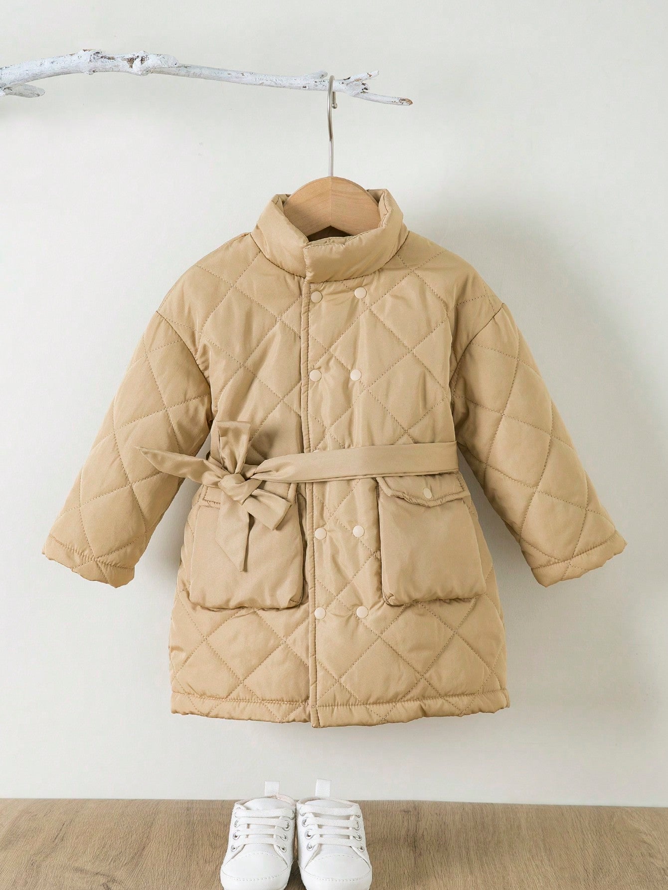 Baby Girl Dual Pocket Belted Quilted Coat