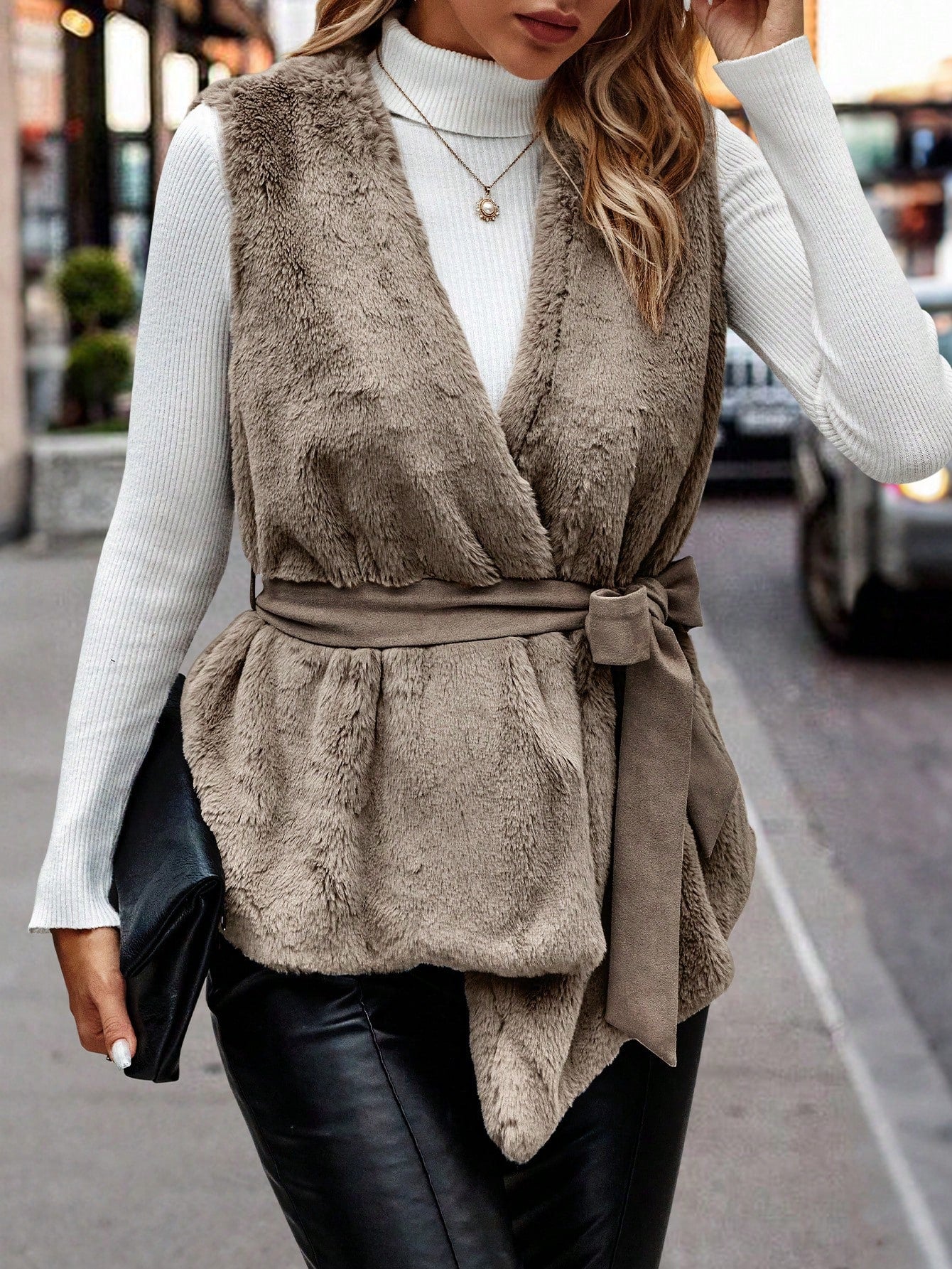 Asymmetrical Hem Belted Fuzzy Coat