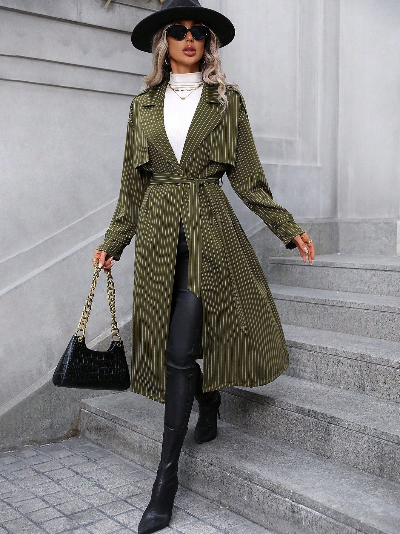 Striped Print Lapel Neck Belted Trench Coat