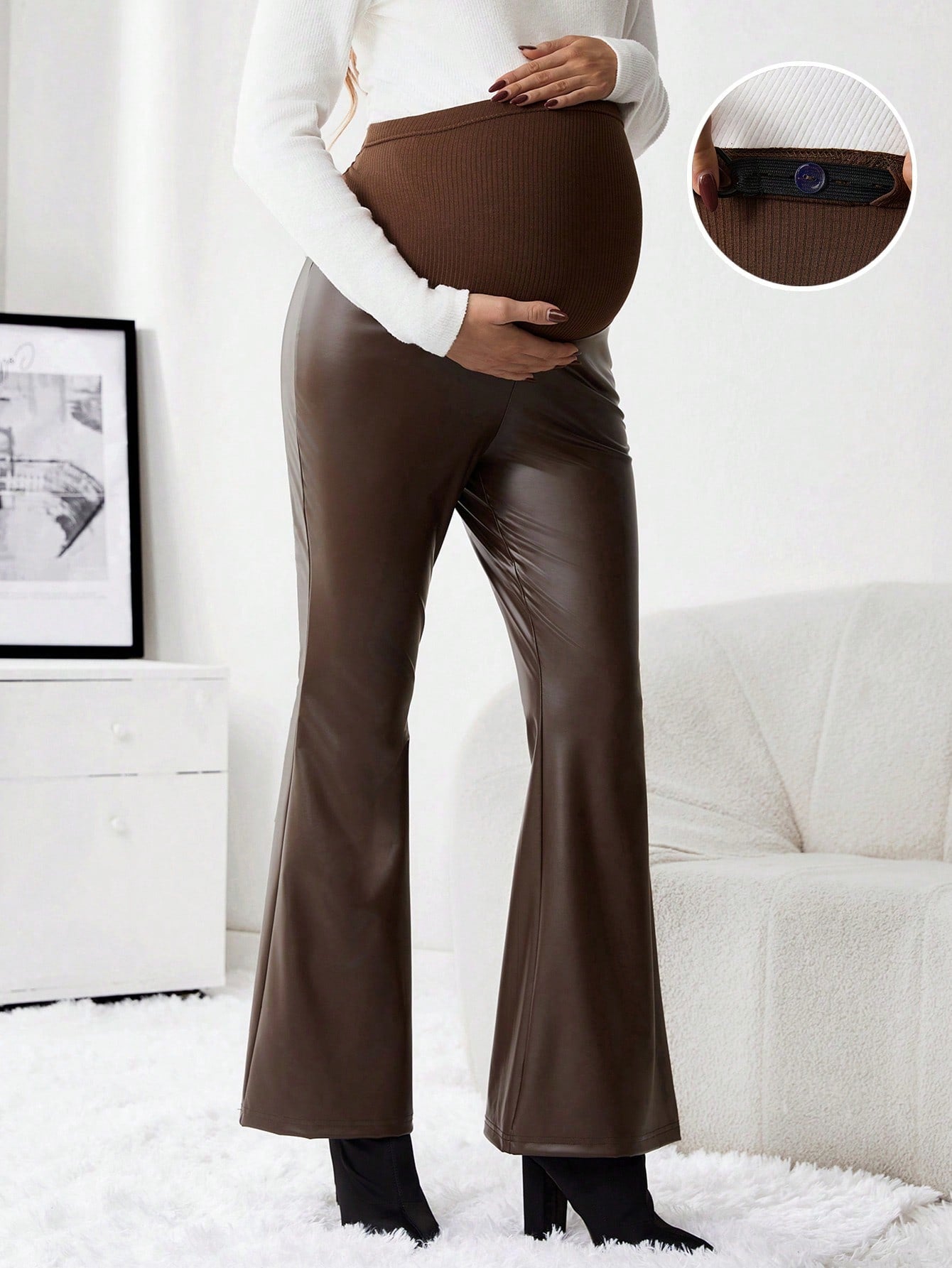 Maternity Adjustable Waist Flare Leg PU Leather Pants