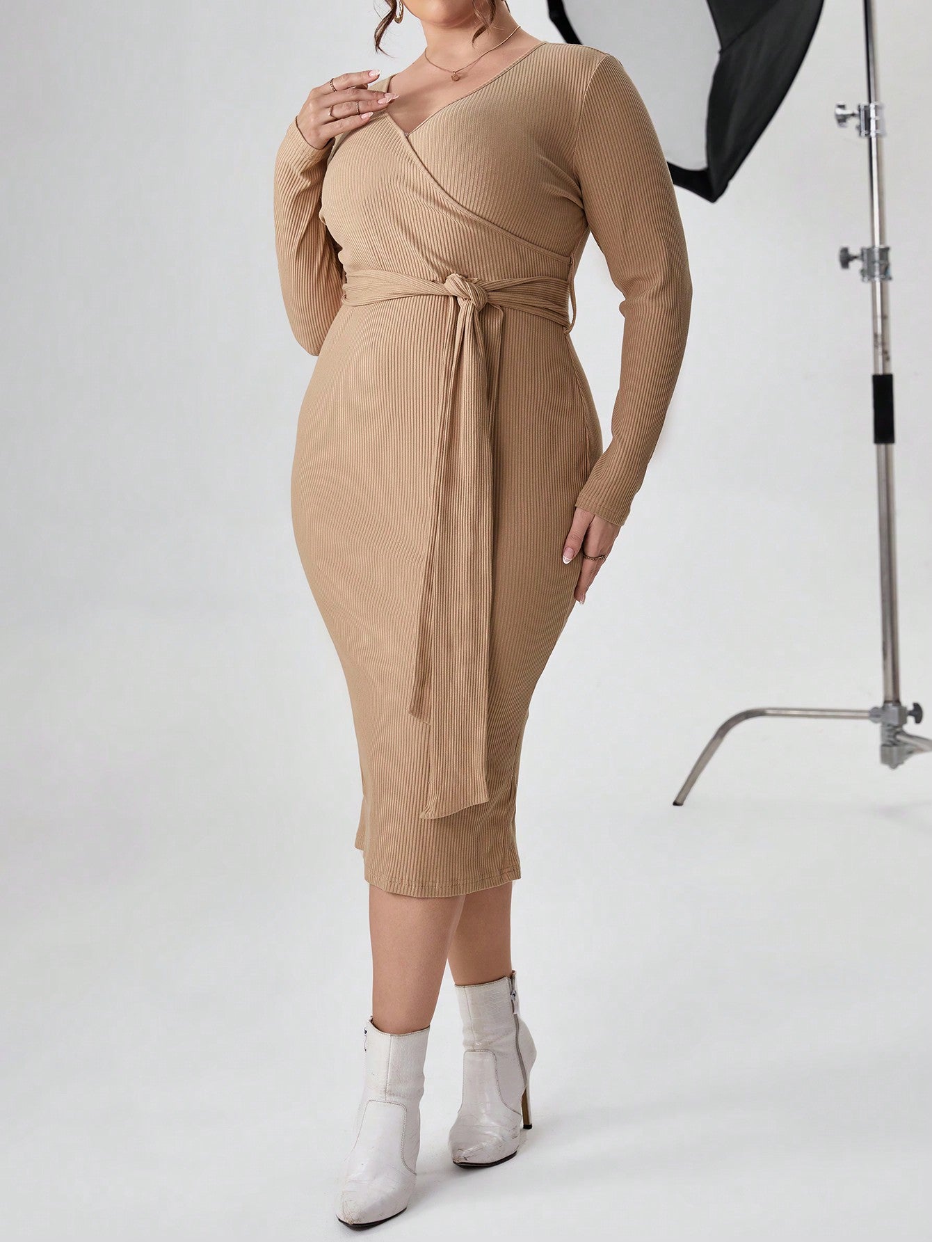 Plus Surplice Neck Belted Bodycon Dress