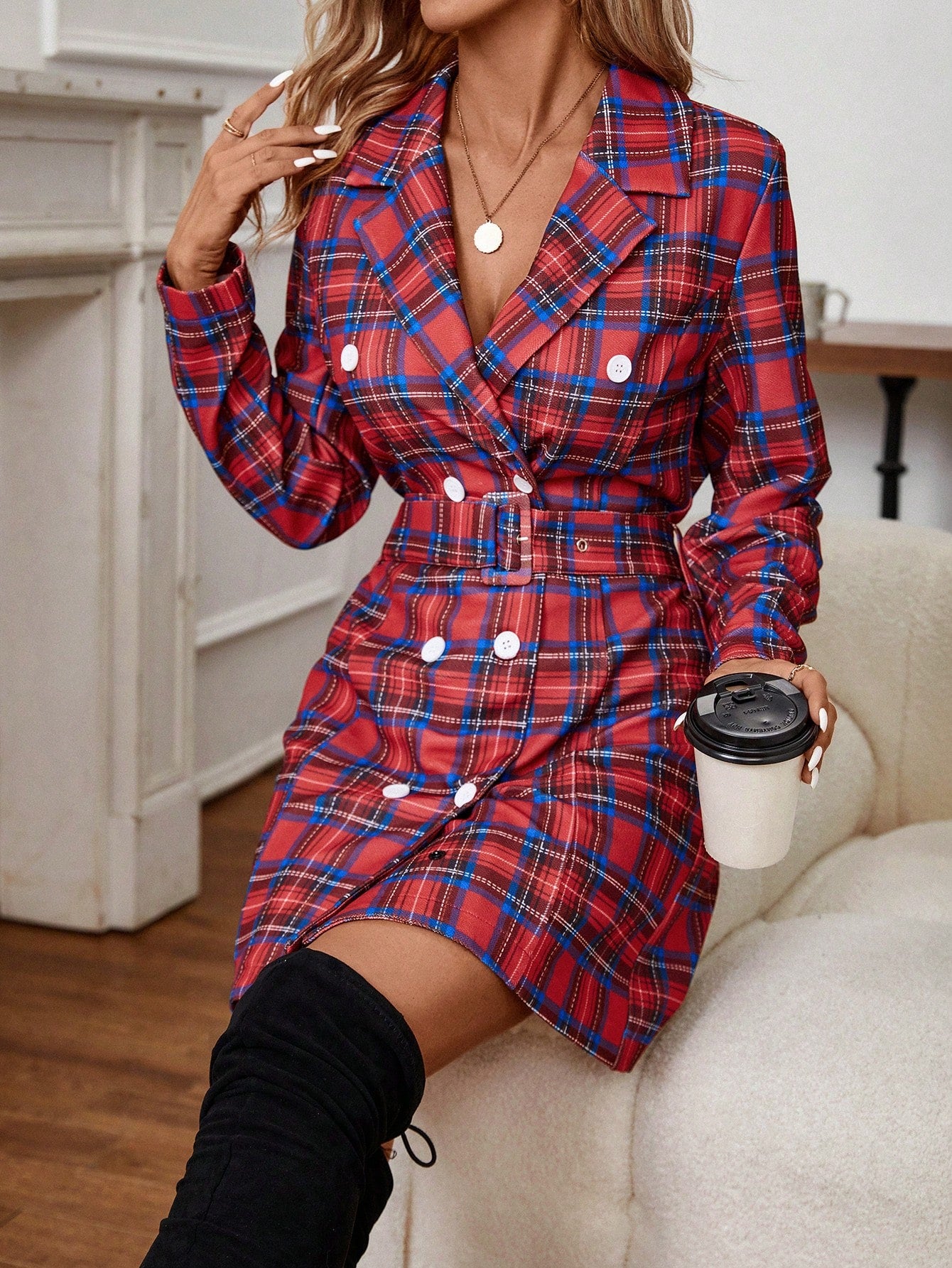 Tartan Print Double Breasted Belted Dress